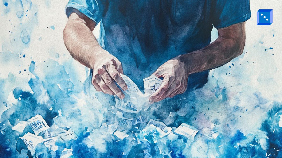 A watercolor-style illustration of a person tearing up banknotes, with blue tones blending into the background, symbolizing financial loss or reckless spending.