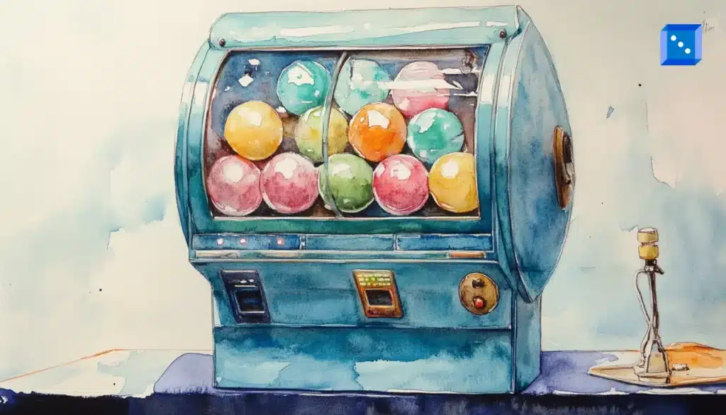 A vintage keno ball machine filled with balls, depicted in a vibrant watercolor style on a softly textured background.