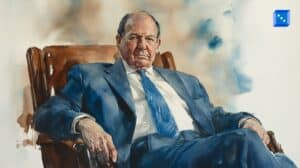 A watercolor painting of an older man in a navy blue suit, sitting in a brown leather chair with a commanding presence. He has a serious and authoritative expression, with his hands resting on the chair’s armrests. The background consists of soft, abstract washes of blue and beige, adding depth to the composition.