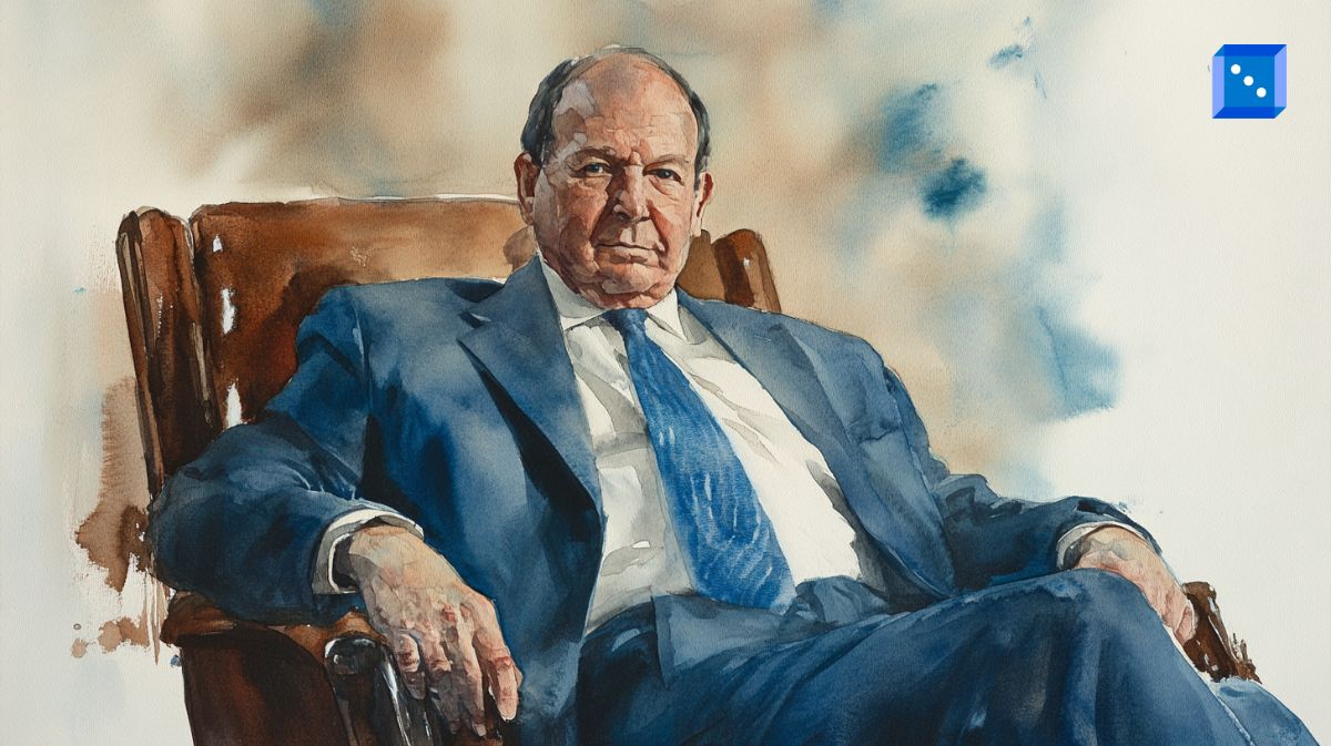 A watercolor painting of an older man in a navy blue suit, sitting in a brown leather chair with a commanding presence. He has a serious and authoritative expression, with his hands resting on the chair’s armrests. The background consists of soft, abstract washes of blue and beige, adding depth to the composition.