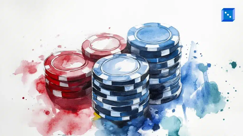 A watercolor painting of casino poker chips stacked in two piles, one red and one blue, on a white background. The paint appears to bleed into the surrounding area, creating a vibrant and artistic effect. The small blue icon with white dots is positioned in the upper right corner.