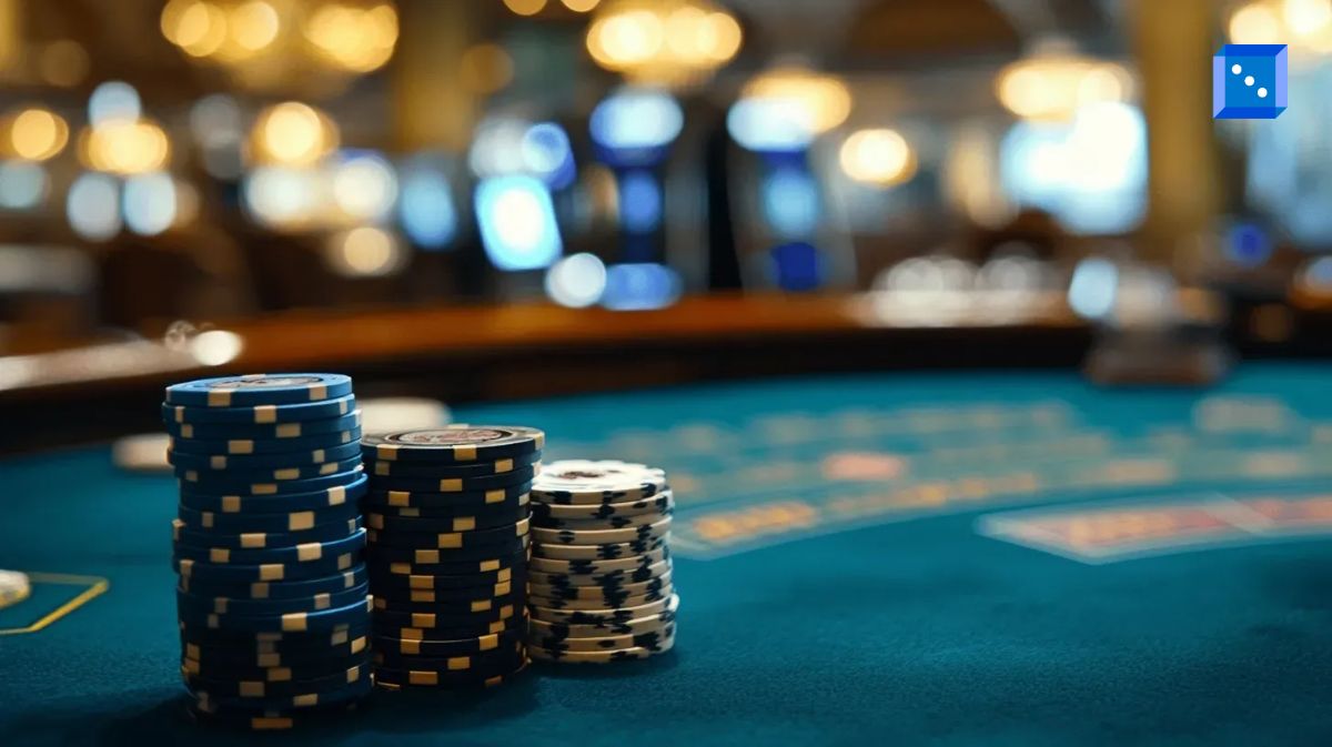 A close-up shot of stacked blue and white casino chips on a green blackjack table, with blurred slot machines and elegant lighting in the background, creating an immersive casino atmosphere.