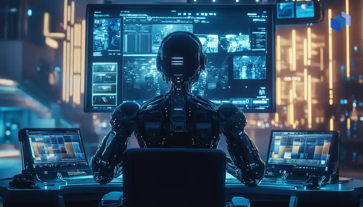 A humanoid robot sitting in front of a large screen, actively creating a video. The robot is interacting with an interface that shows dynamic video edits.