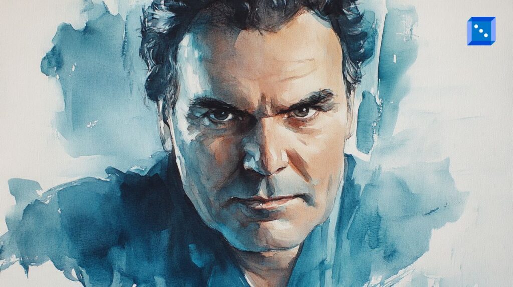 A watercolor-style digital painting of a man with intense eyes and slightly tousled dark hair. His expression is serious and focused, with sharp facial features accentuated by the fluid blending of blue and earthy tones. The background is an abstract wash of blues and whites, adding depth and atmosphere to the portrait.