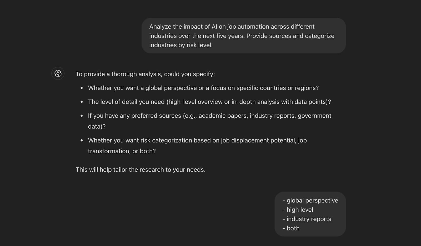 Textual analysis prompt on AI job automation impact, outlining specific research needs and categorization criteria.
