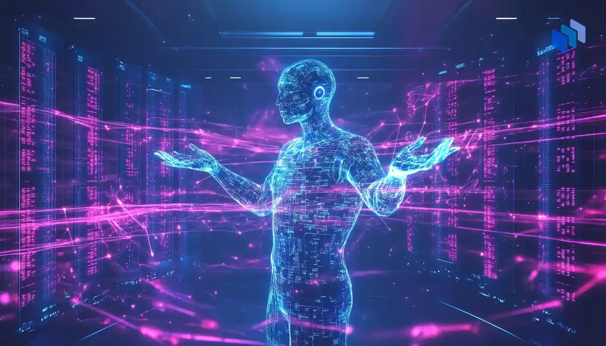 Futuristic holographic conductor representing artificial intelligence, orchestrating streams of glowing data and dynamically shifting server towers.