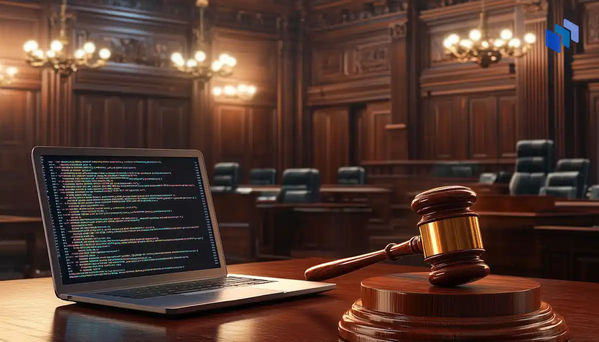 A courtroom with a wooden gavel in the foreground, a laptop with code on the screen