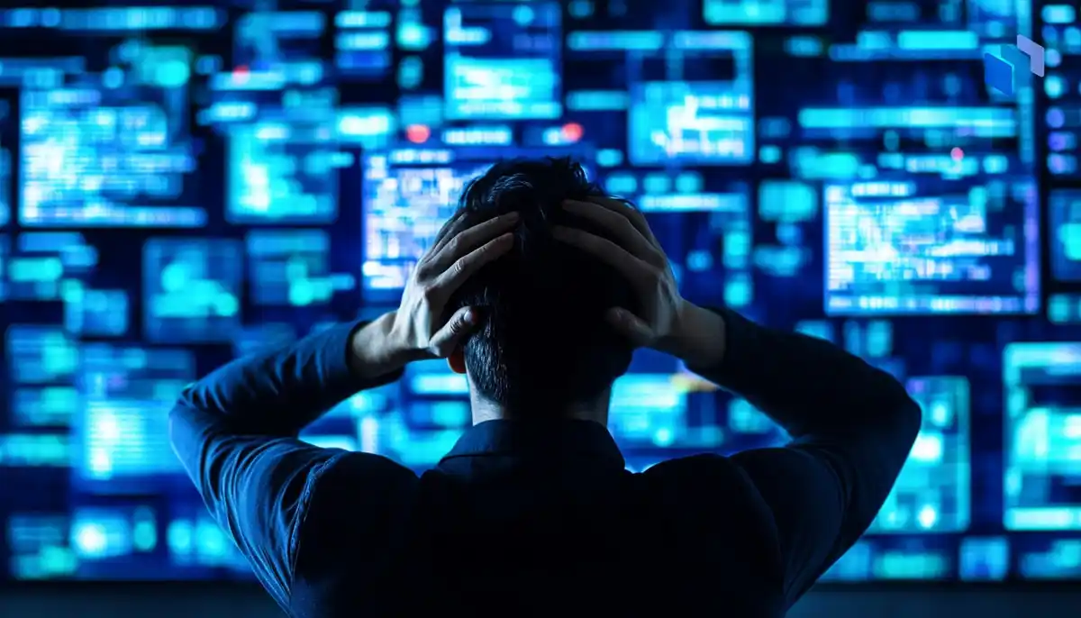 A person in a dark room with hands on their head, facing a wall of screens displaying ransomware threats and reward messages.
