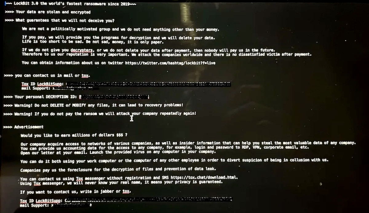 A digital ransom note from LockBit, demanding payment for decrypting stolen data, with warnings and contact information included.