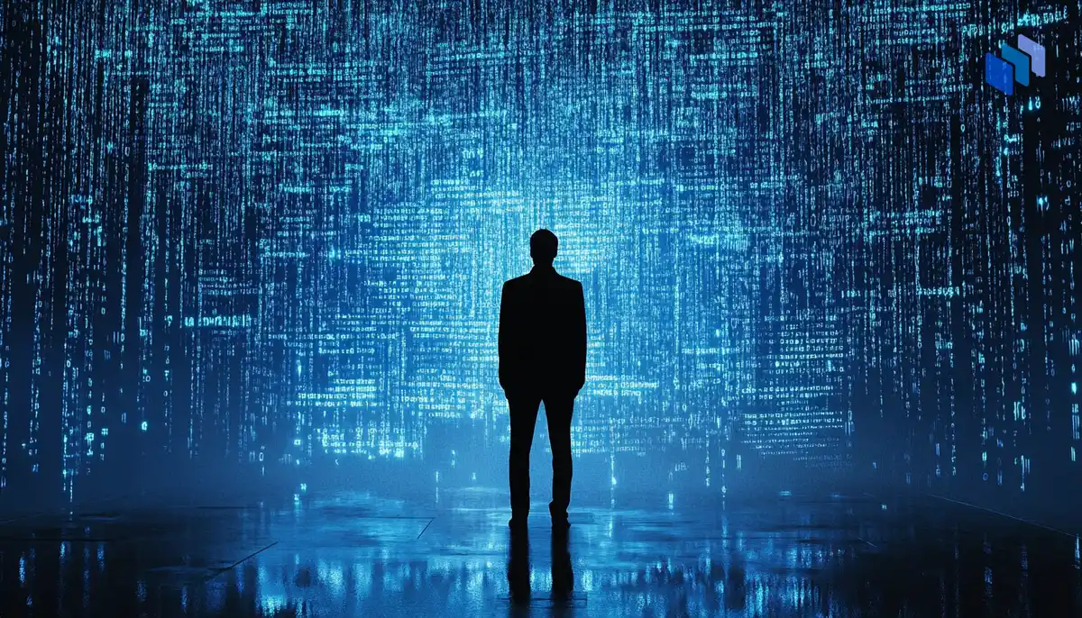 A silhouette of a business person standing still in the center of a storm of ransomware code, digital rain falling around them, creating an atmosphere of vulnerability and unease.