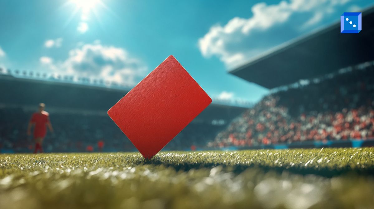A red card dramatically stands upright on a soccer field, symbolizing the downfall of soccer players involved in gambling scandals, with a stadium full of spectators in the background.
