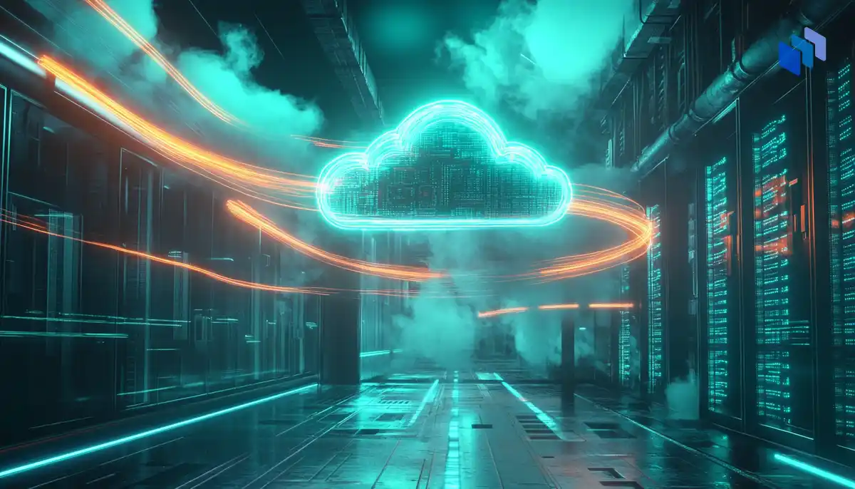 A futuristic cloud symbol glows with data, surrounded by vibrant orange and teal lights in a high-tech AI data storage environment.