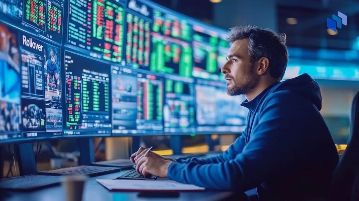 A focused man in a dark hoodie analyzing multiple financial and sports betting data screens, representing the concept of rollover in betting and wagering strategies.