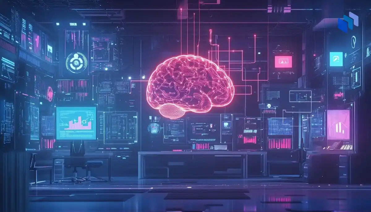 The image depicts a futuristic control room filled with digital screens and displays. A prominent, glowing neon pink brain shape is centrally suspended in mid-air.