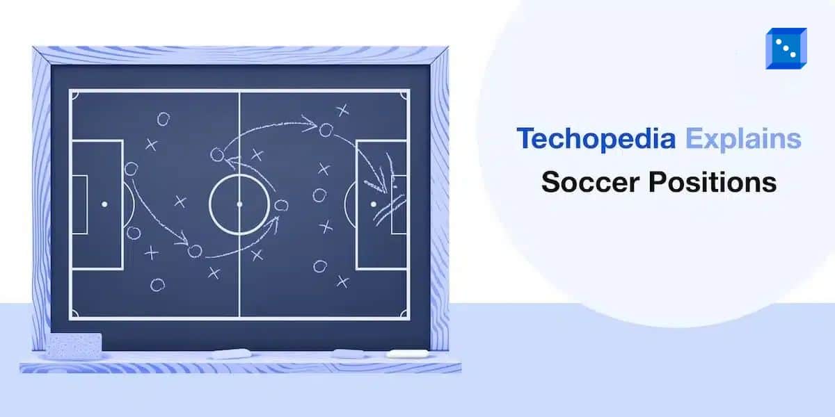 Techopedia Explains Soccer Positions – A chalkboard-style diagram of a soccer field with tactical markings and player movements.