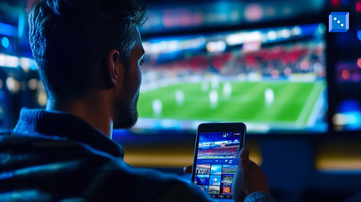 A man watching a live sports event and betting on its outcome.