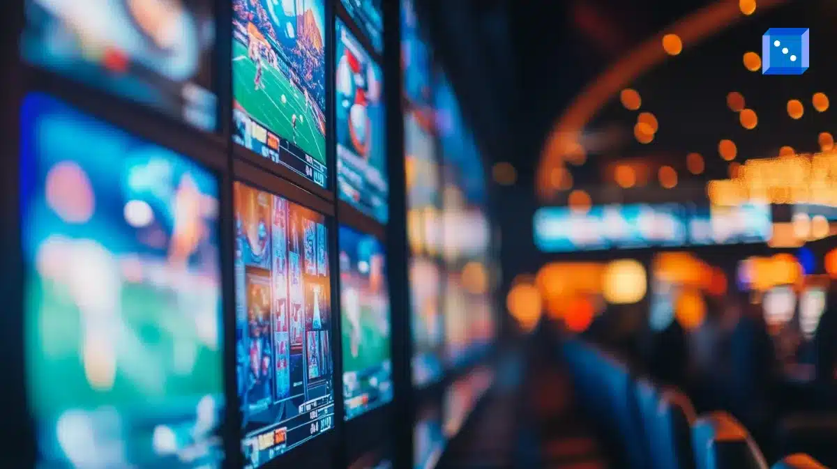 A row of high-definition screens displaying live sports games, including American football, in a dimly lit sportsbook. The warm glow of casino lights is blurred in the background, creating an energetic and immersive atmosphere. A small blue icon with white dots is positioned in the upper right corner.