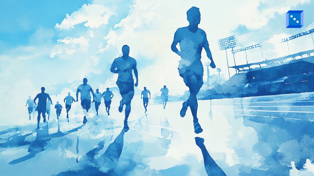Watercolor painting of a group of runners in a race, with a stadium in the background and reflections on the wet track.”