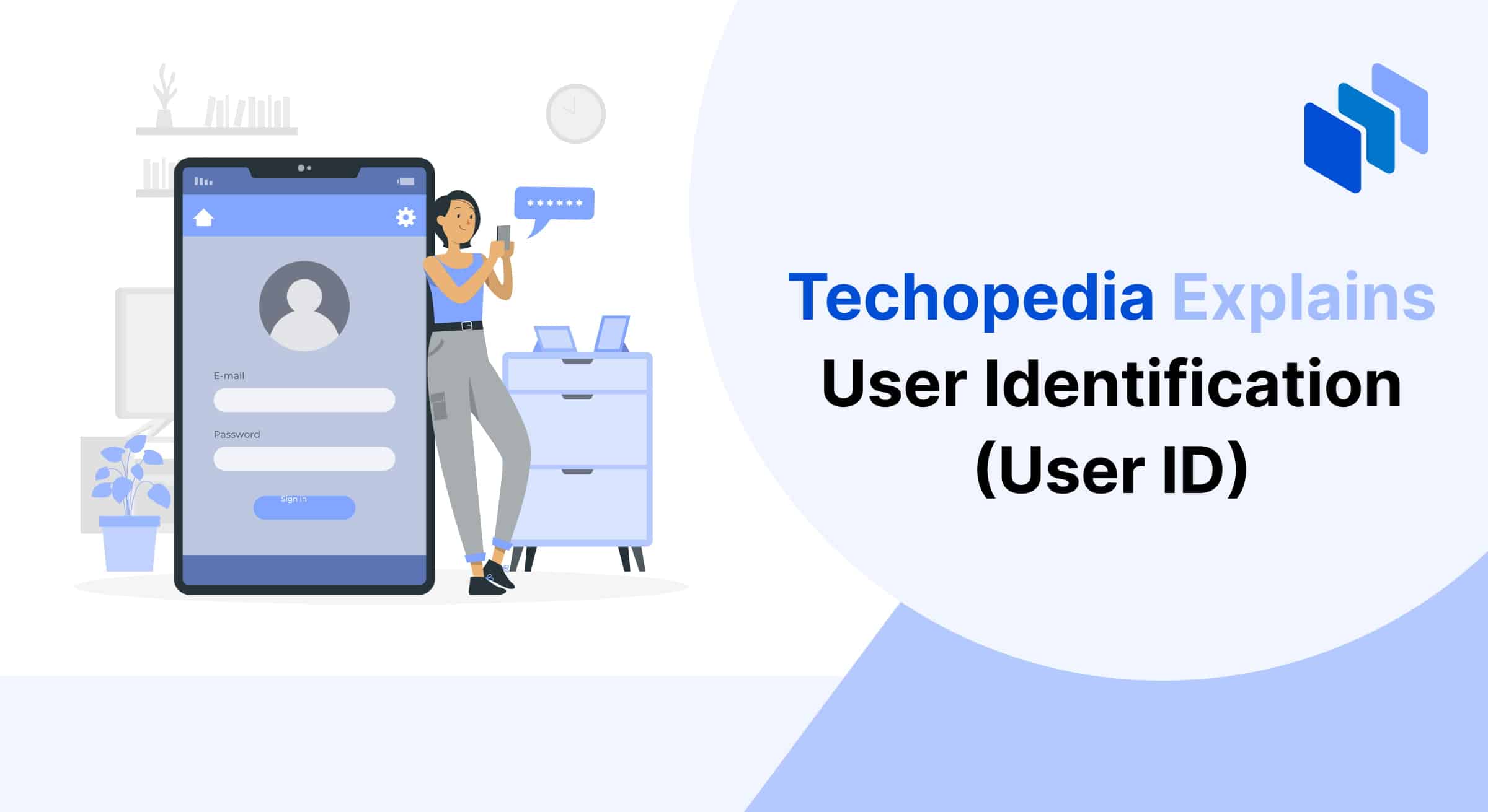 Graphic titled "Techopedia Explains User Identification (User ID)" features a woman beside a mobile login screen with email and password fields.