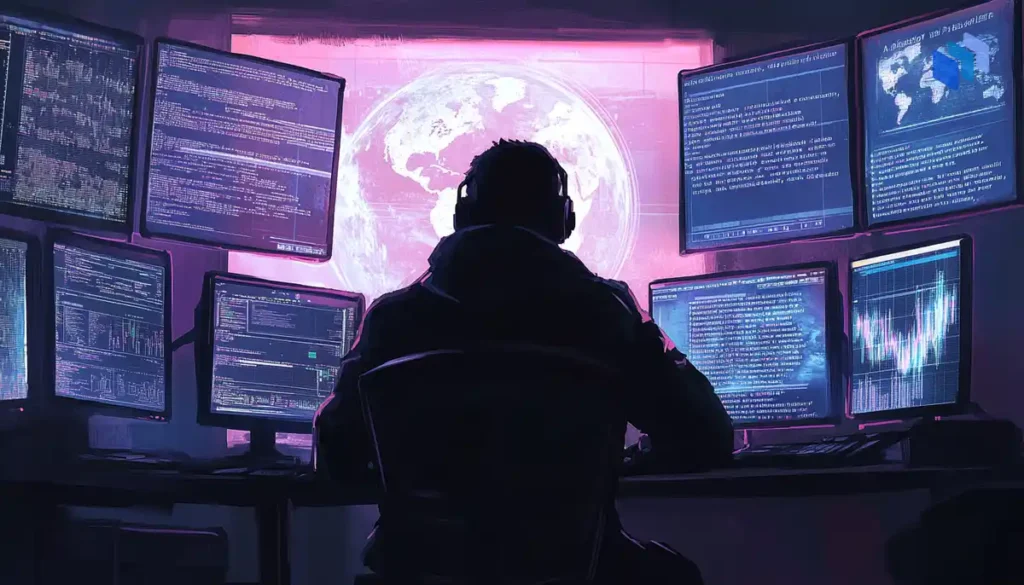 A hacker’s shadowy figure sitting in front of multiple screens, displaying codes and digital data, with a faint outline of a globe in the background, symbolizing the global nature of cyber threats