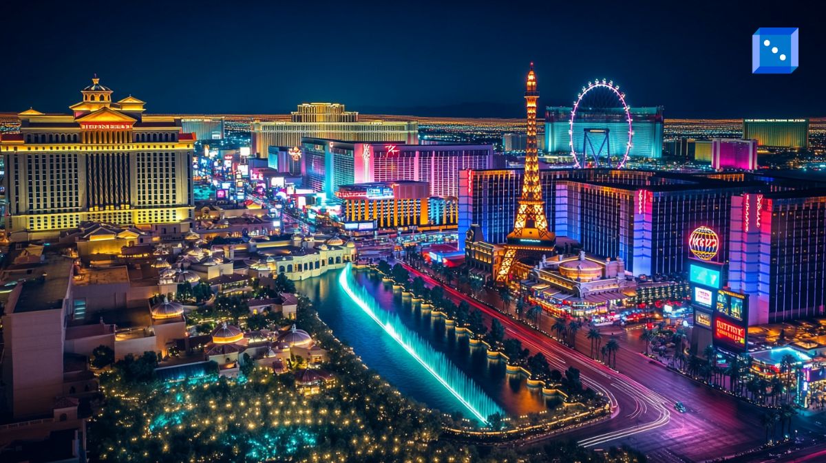 Vibrant aerial night view of the Las Vegas Strip, showcasing illuminated casinos, hotels, fountains, and landmarks such as the Eiffel Tower replica and the High Roller Ferris wheel.