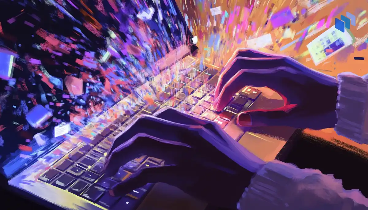 Close-up of an employee’s hands typing on a keyboard, AI icons and data streams flowing out of the screen, chaotic and risky atmosphere