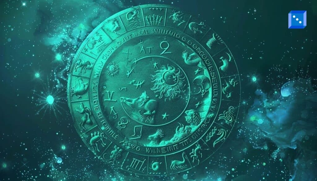 A glowing, mystical zodiac wheel floating in space, illuminated by a deep teal light. The intricate circular design features all twelve astrological signs, a radiant sun, and cosmic symbols representing celestial movements. Surrounding the wheel are twinkling stars and nebulous formations, enhancing the ethereal and mysterious atmosphere of the image.”