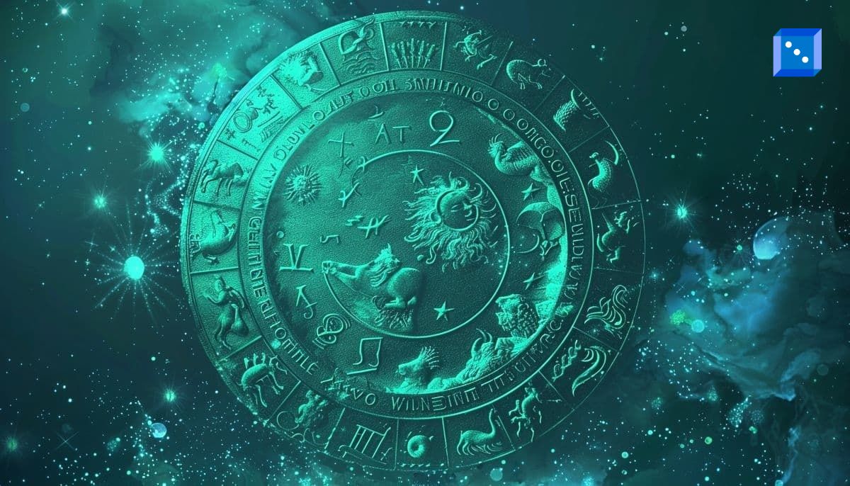 A glowing, mystical zodiac wheel floating in space, illuminated by a deep teal light. The intricate circular design features all twelve astrological signs, a radiant sun, and cosmic symbols representing celestial movements. Surrounding the wheel are twinkling stars and nebulous formations, enhancing the ethereal and mysterious atmosphere of the image.”