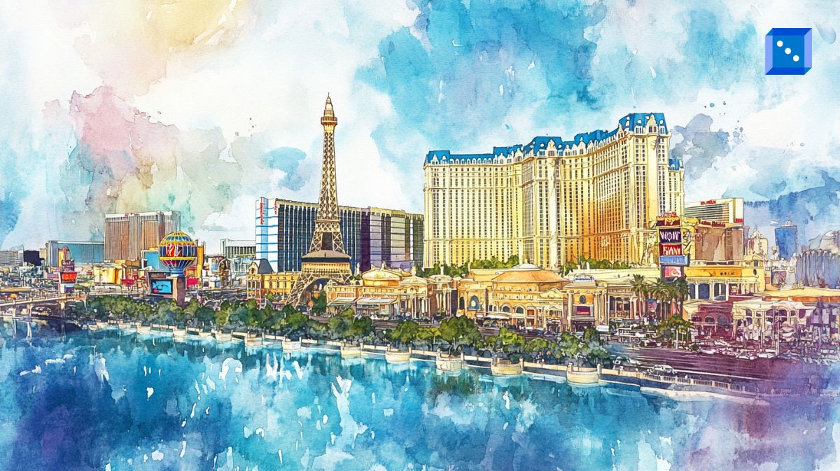 A watercolor-style illustration of the Las Vegas Strip, featuring iconic landmarks such as the Paris Las Vegas Hotel and its replica Eiffel Tower. The vibrant cityscape reflects the grandeur of world-famous casinos.