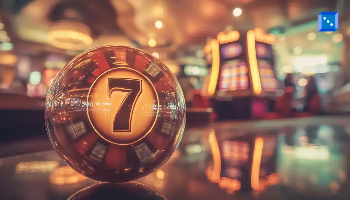 A large bingo ball with a 7 number on it, floating in a vibrant casino atmosphere.