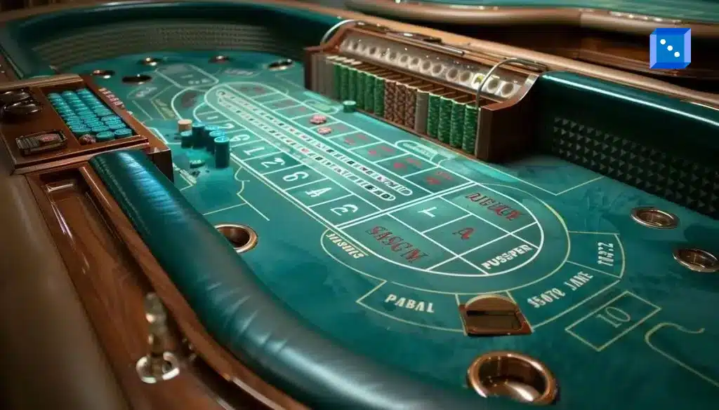A close-up of a luxurious casino craps table featuring a green felt surface, chips, and betting areas, set in an elegant environment.