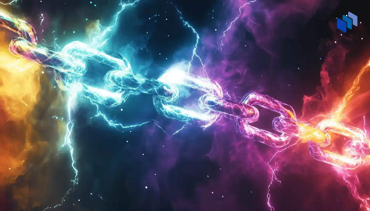 A dynamic digital chain moving at lightning speed, glowing with vibrant colors, symbolizing fast and efficient transactions in a blockchain ecosystem.