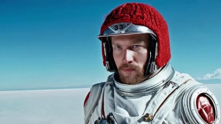 An astronaut in a white space suit and a vibrant red knitted cap stands against a bright blue sky with scattered clouds.