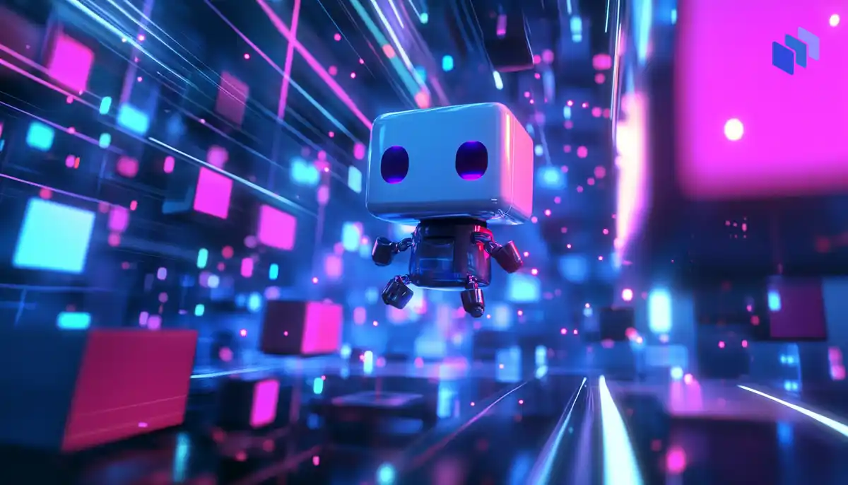 A cheerful, futuristic robot (Grok) with a square head floats amidst a vibrant, neon-lit digital landscape filled with floating colorful cubes.