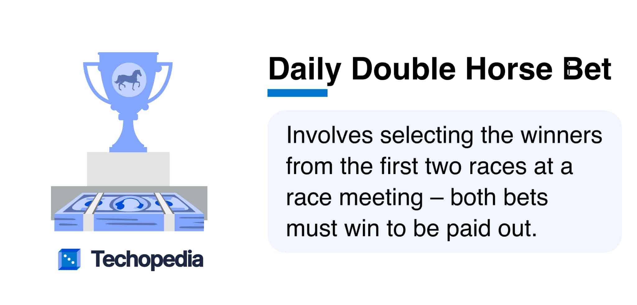 Illustration of a trophy and cash with a description of "Daily Double Horse Bet," requiring winners of the first two races to payout.