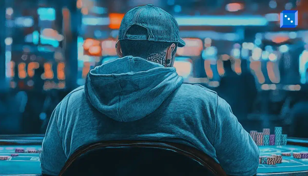A man in a gray hoodie and cap sits at a poker table, focused on a game with colorful poker chips in front.