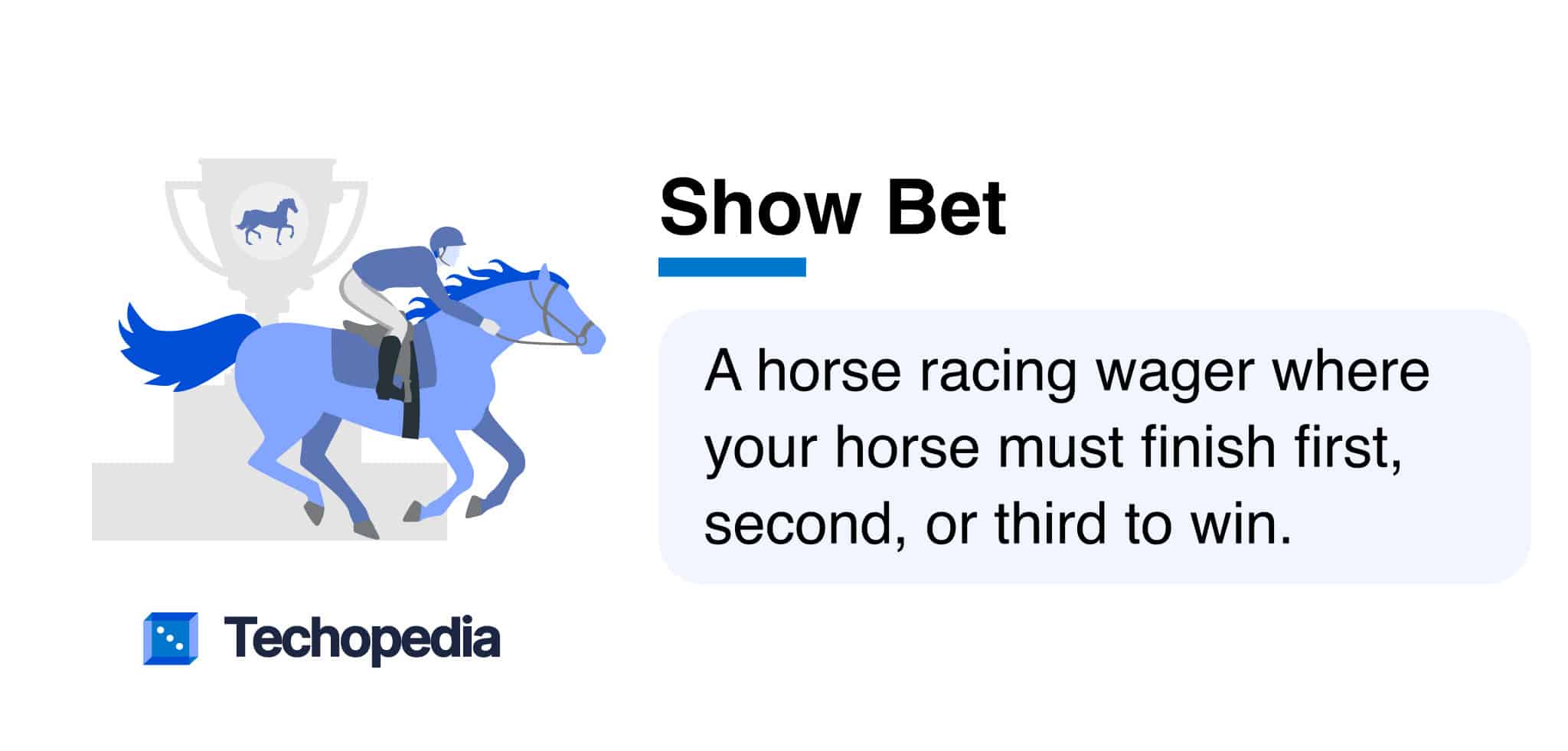 A blue horse with a jockey races towards a trophy, illustrating the concept of a "Show Bet" in horse racing.