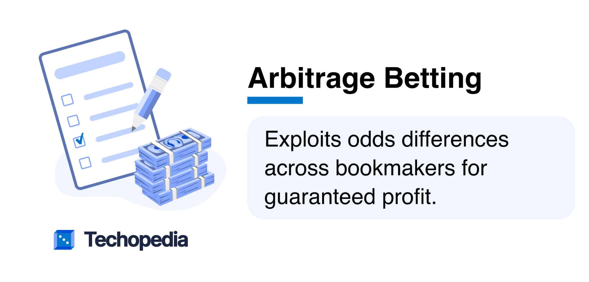 A checklist and stack of cash illustrating arbitrage betting, which capitalizes on odds differences for guaranteed profit.