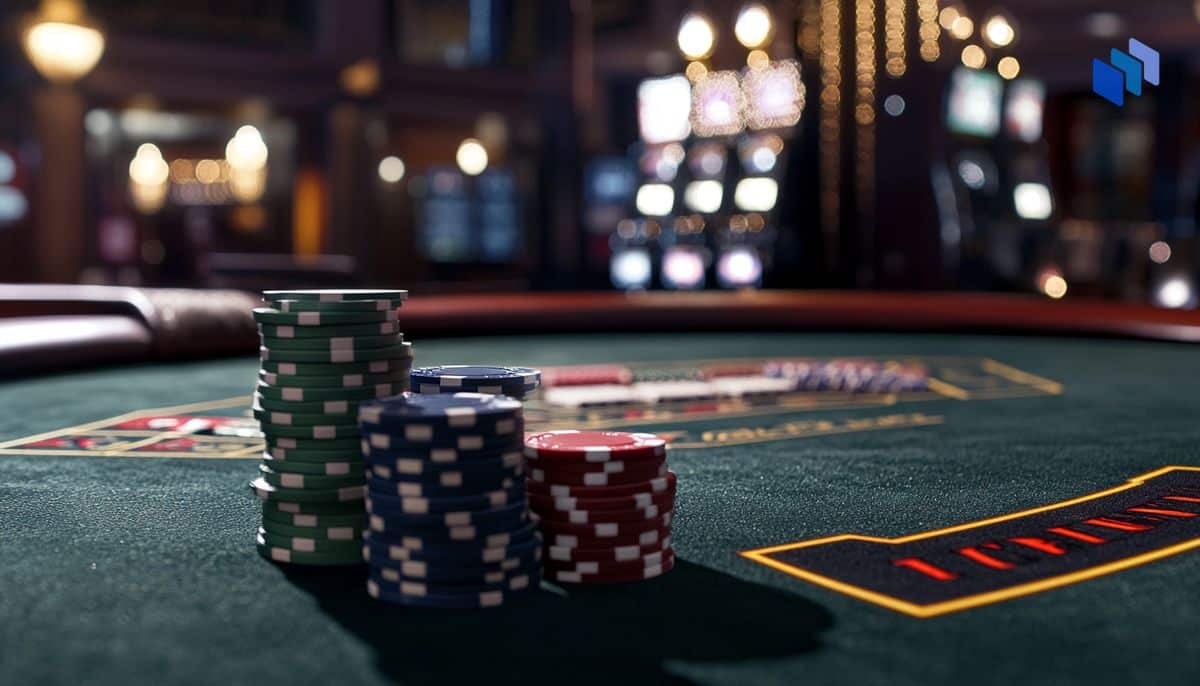 A close-up of poker chips stacked on a blackjack table in a casino, with slot machines and ambient lighting in the background. The image represents strategic blackjack gameplay, including decisions like splitting pairs for an optimal hand.