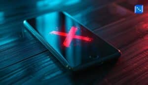 Smartphone lying on a dark wooden surface, displaying a glowing red ‘X’ symbol, indicating a canceled or voided action.