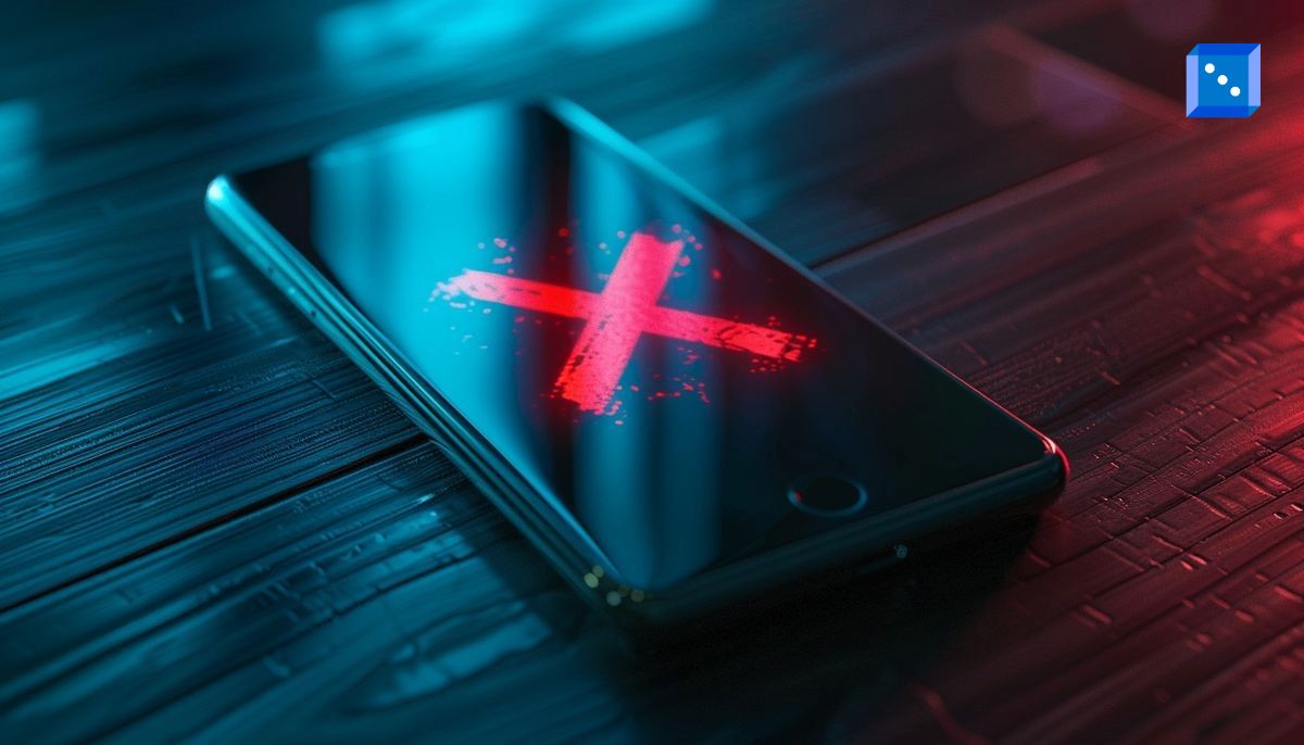 Smartphone lying on a dark wooden surface, displaying a glowing red ‘X’ symbol, indicating a canceled or voided action.