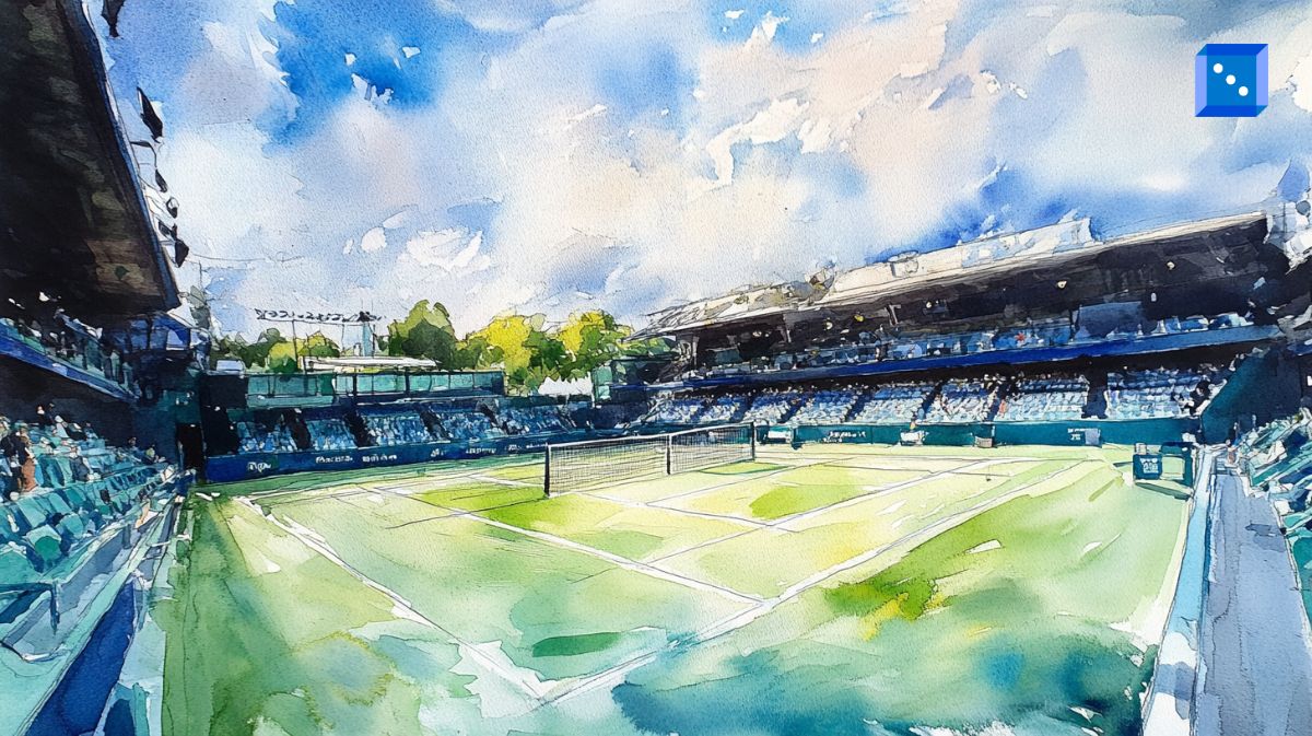 A beautifully illustrated watercolor painting of a grass-court tennis stadium, with blue skies, scattered clouds, and a bright sun casting shadows on the field. The stands are filled with spectators, creating an atmosphere of excitement for a major tournament.