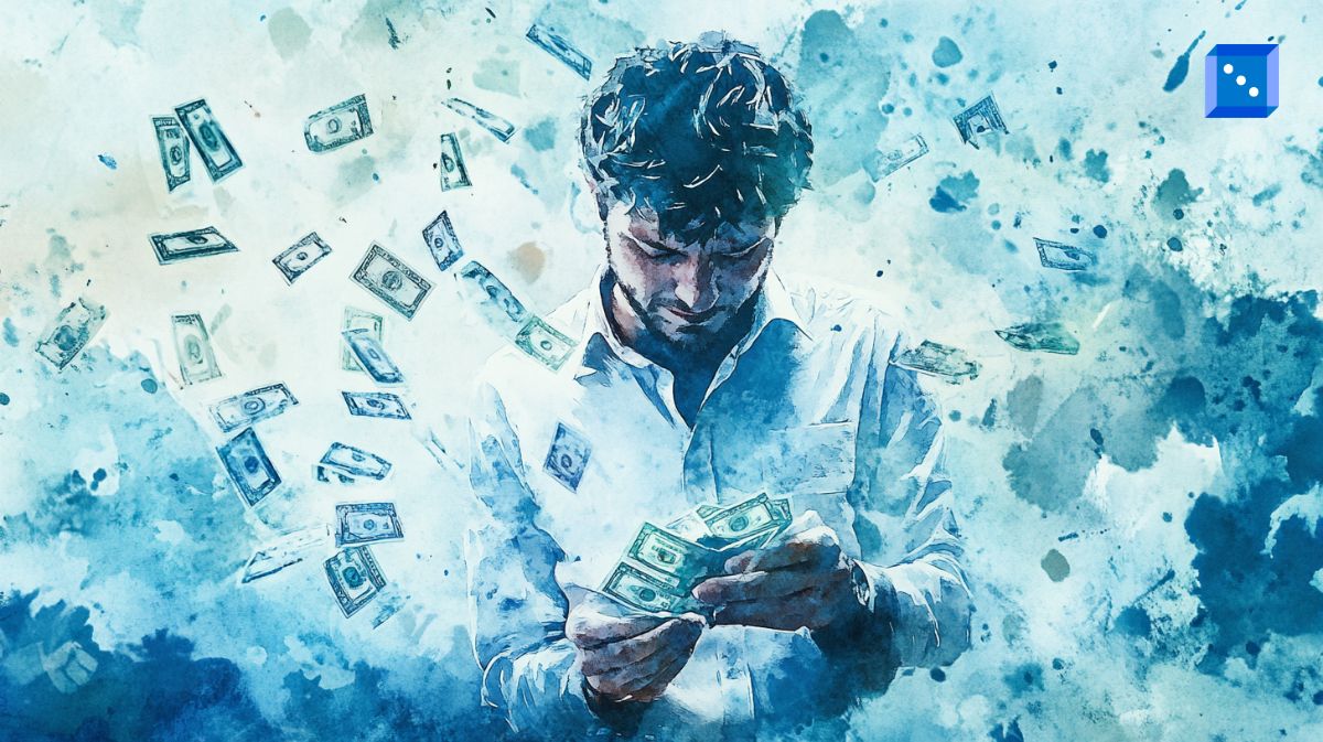 A watercolor-style digital painting of a man in a white shirt counting money, surrounded by floating dollar bills. The blue-toned abstract background and expressive brushstrokes give a dreamlike, introspective feel, emphasizing themes of fortune, loss, or contemplation.