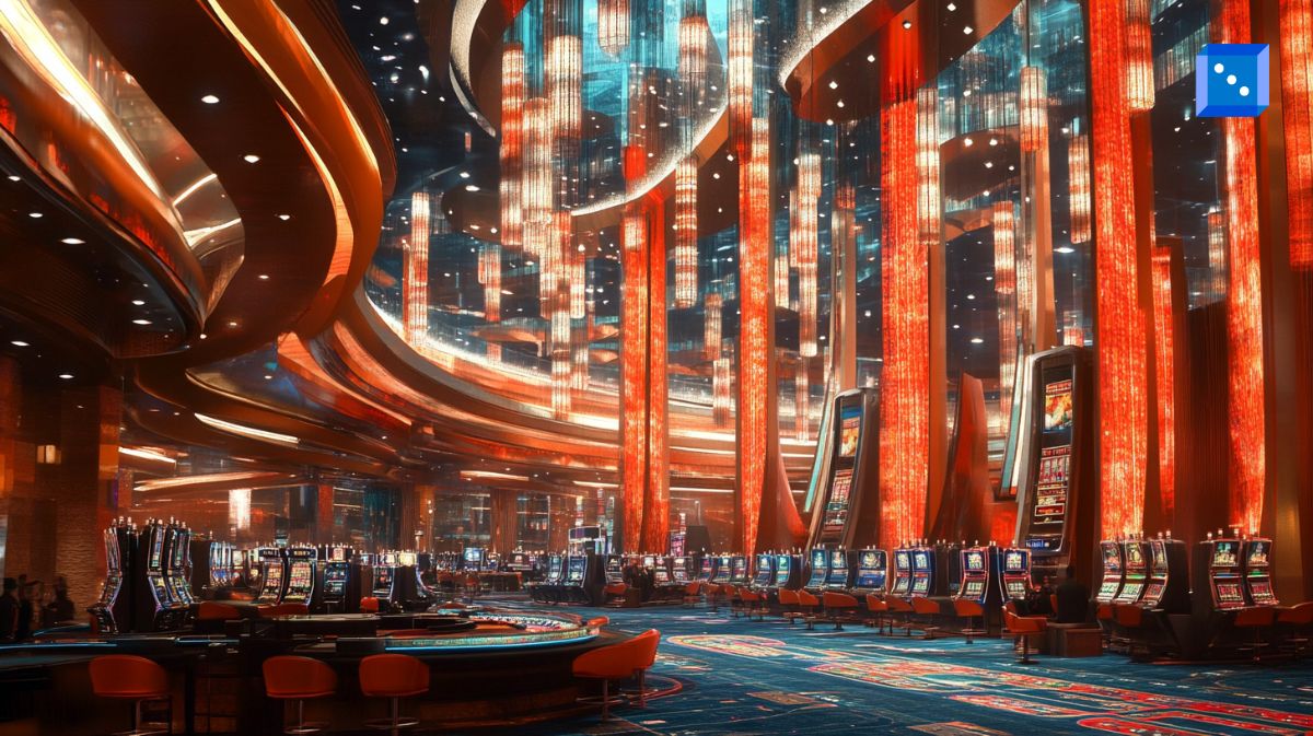 A luxurious casino with vibrant red chandeliers, slot machines, and gaming tables, capturing the glamorous yet high-stakes world of gambling.