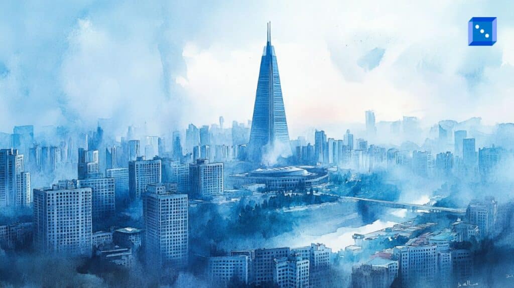 A watercolor-style digital painting of a futuristic cityscape, enveloped in mist, featuring a towering skyscraper with a sharp, pyramid-like design at the center. The soft blue tones and atmospheric haze create a dreamlike, mysterious ambiance, blending urban density with an ethereal skyline.