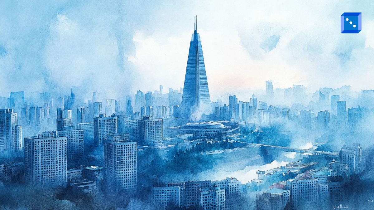 A watercolor-style digital painting of a futuristic cityscape, enveloped in mist, featuring a towering skyscraper with a sharp, pyramid-like design at the center. The soft blue tones and atmospheric haze create a dreamlike, mysterious ambiance, blending urban density with an ethereal skyline.