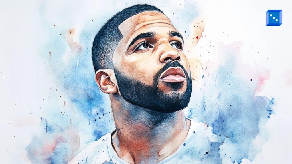A watercolor-style digital portrait of a man with a neatly trimmed beard and a short fade haircut, gazing upwards with a determined expression. The soft blue and red splashes in the background create a dreamy and artistic effect, enhancing the depth and emotion of the subject’s face.