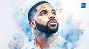 A watercolor-style digital portrait of a man with a neatly trimmed beard and a short fade haircut, gazing upwards with a determined expression. The soft blue and red splashes in the background create a dreamy and artistic effect, enhancing the depth and emotion of the subject’s face.