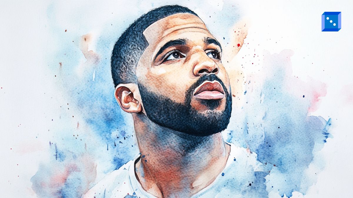 A watercolor-style digital portrait of a man with a neatly trimmed beard and a short fade haircut, gazing upwards with a determined expression. The soft blue and red splashes in the background create a dreamy and artistic effect, enhancing the depth and emotion of the subject’s face.