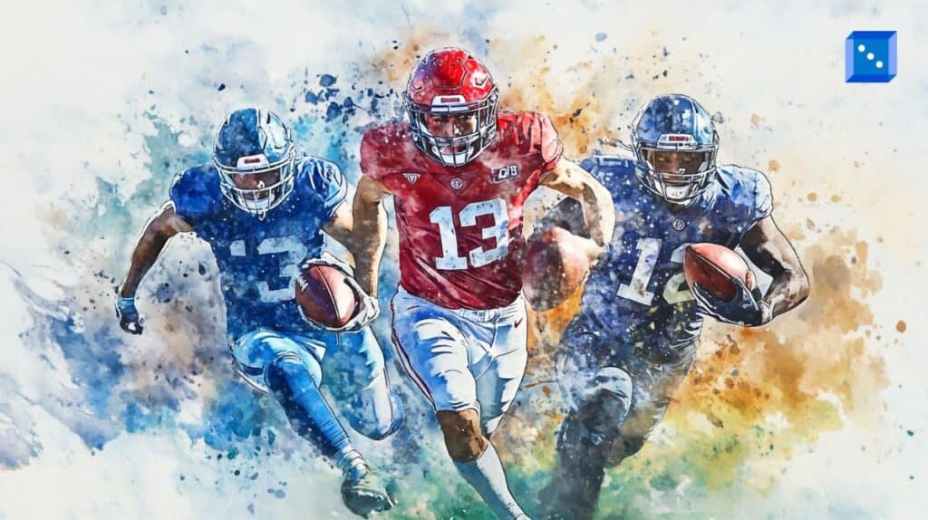 A dynamic watercolor-style digital painting of three American football players in action. The central player, dressed in red, sprints forward with determination, flanked by two opponents in blue jerseys, creating a visually striking competition scene.